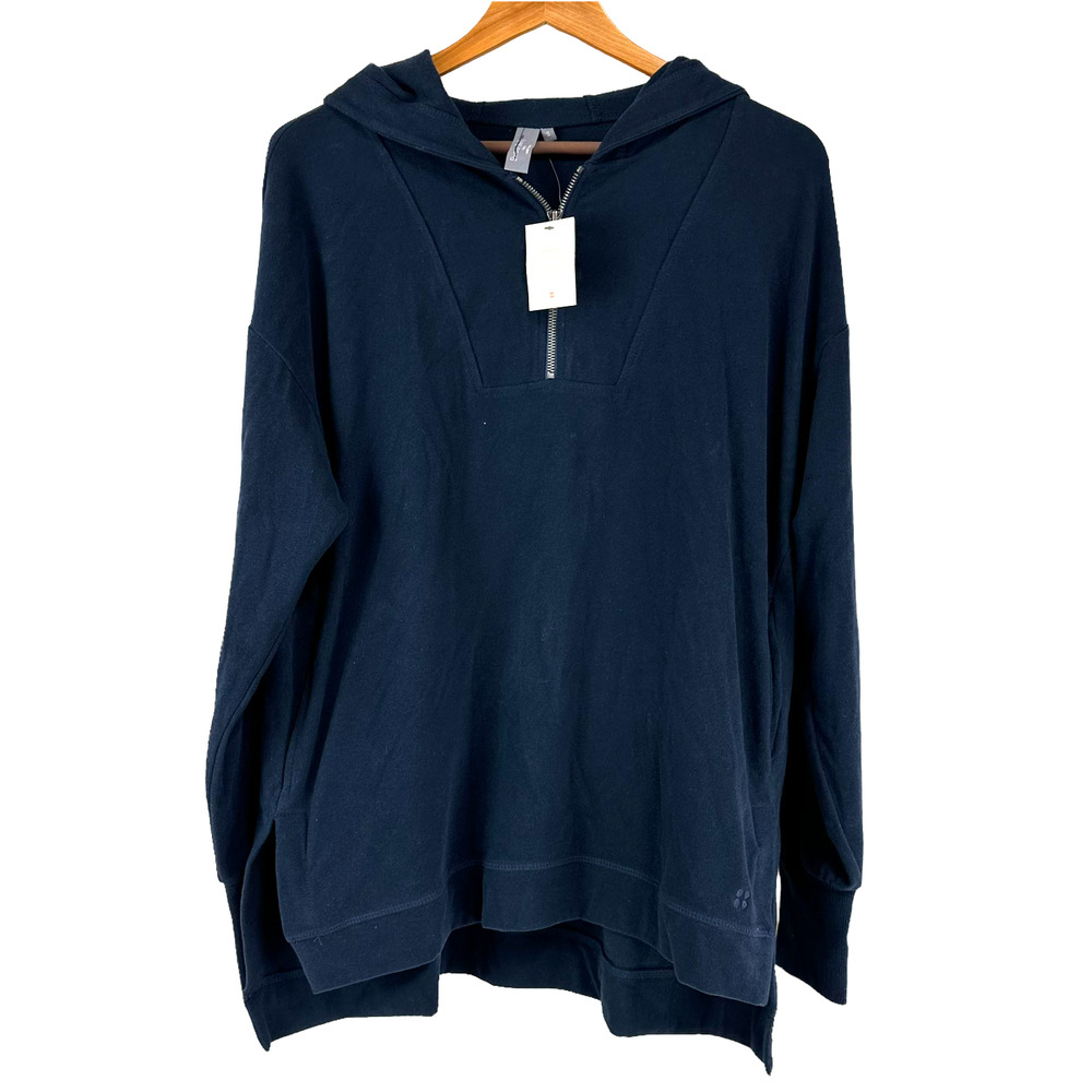 Sweaty Betty NWT London Italian Fleece Quarter Zip Hooded Navy Sweater Size S